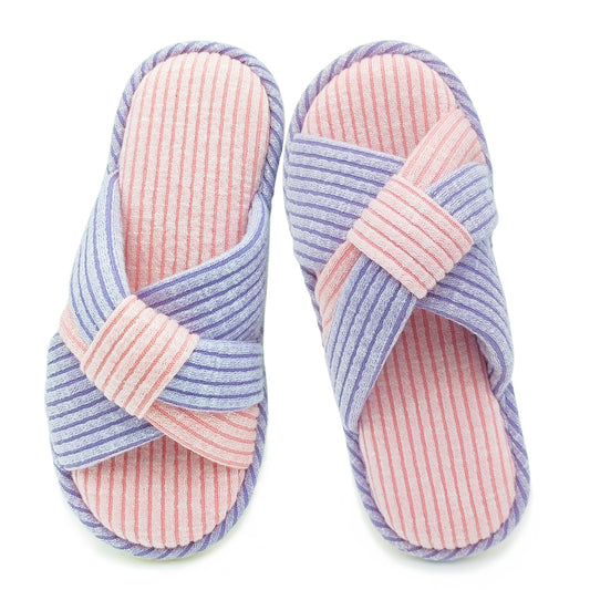 Bow Cross Band Slippers for Women, Comfy Striped Memory Foam Open Toe Soft House Slippers Trendy Home Shoes for Bedroom Living Room Indoor, Pink Purple Size 6-7
